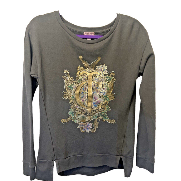 JUICY COUTURE Logo Tee Shirt Womens XS  Grey Long Sleeve Split Hem  Bling Retro - Picture 1 of 6